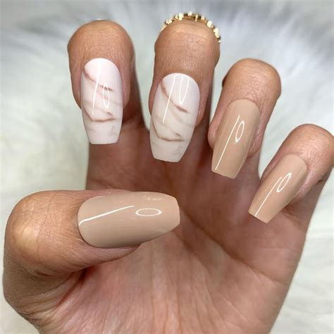 Beige Marble Coffin Medium Press On Nails Artificial Fake Glue Etsy