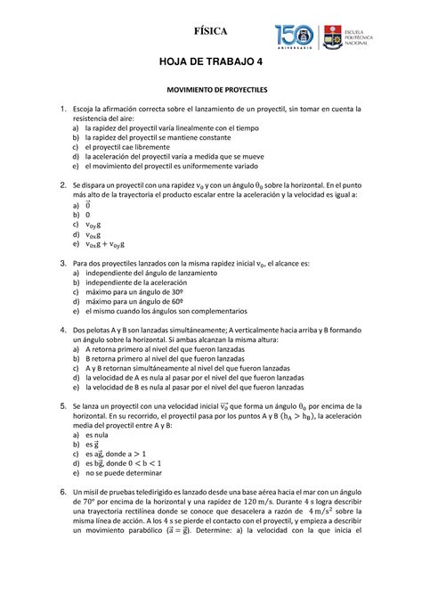 Hoja De Trabajo Hoja De Trabajo Movimiento De Proyectiles Escoja