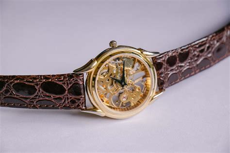 Rare Gold-tone Skeleton Mechanical Watch | Luxury Brown Leather Belt ...