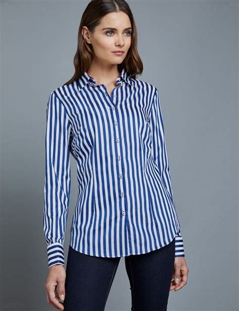 Womens Blue And White Stripe Fitted Shirt Double Cuffs Work Wear