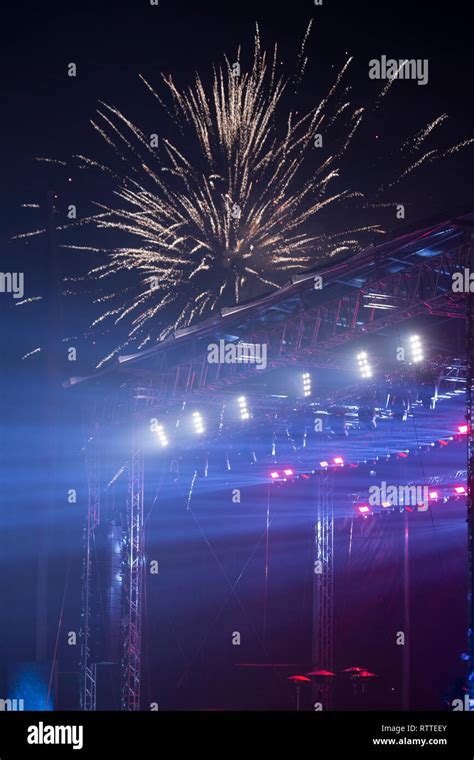 Concert stage with fireworks Stock Photo - Alamy