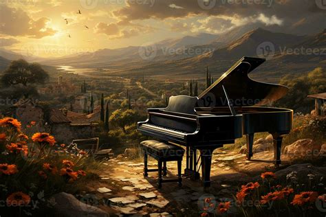 Piano wallpaper in the field in the evening. AI generative 29707752 ...