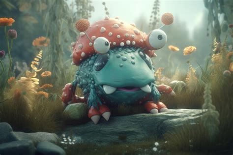 Ein Cartoon Monster Mit Gro En Augen Steht In Einem Wald Mit Blumen Im