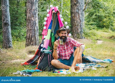 Handsome Bearded Man Having Fun In Adventure Park Summer Camping On