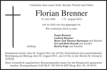 Traueranzeigen Von Florian Brenner Trauer Merkur De