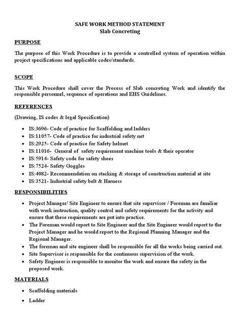 Safe Work Method Statement Slab Concreting Purpose Pdf Safety