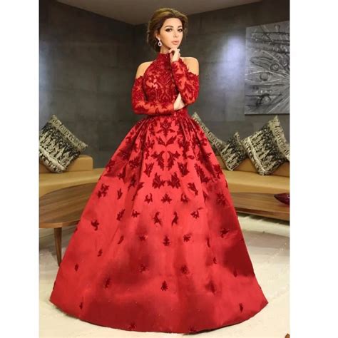 2017 Fashion Red A Line Evening Dresses High Neck Long Sleeve Party