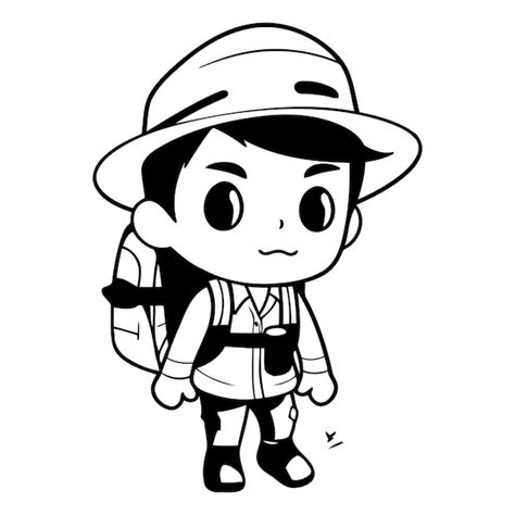 Niño explorador con sombrero y mochila Ilustración vectorial de dibujos