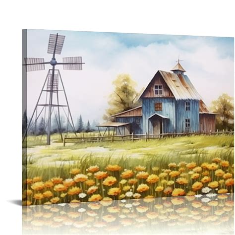 Nawypu Farmhouse Wall Art Teal Old Barn Windmill And Flowers Picture Canvas Prints Modern