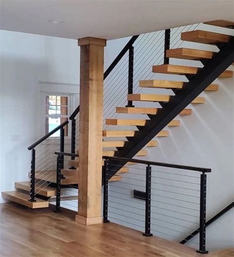 Black Metal Cable Railing Straight Stairs Diy Steel Wood Stairs