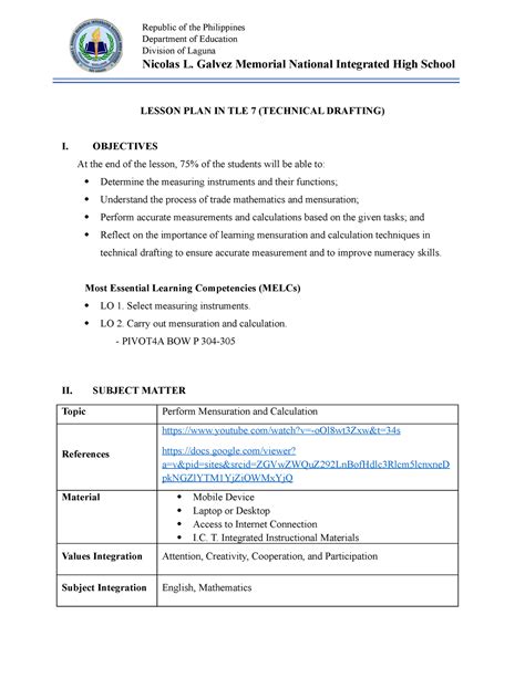 Perform Mensuration And Calculation Lesson Plan In Tle Technical