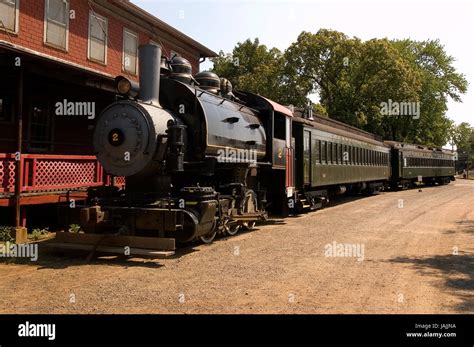 A steam train on display at the Essex Steam Train and Riverboat Museum, Essex, Connecticut, USA ...