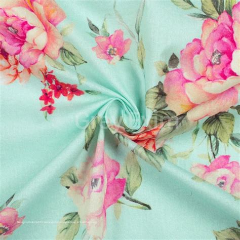 Tiffany Blue And Taffy Pink Floral Pattern Digital Print Cotton Cambric