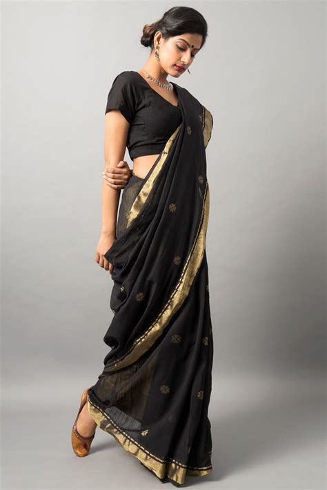 Khadi Cotton Sari Gorgeous In Black With Floral Motif And Zari Border