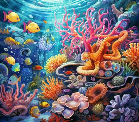 painting of a coral reef with a variety of colorful fish. generative ai ...