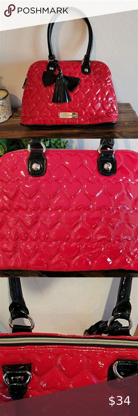 Betsey Johnson Red Dome Satchel Puffy Quilted Hearts And Black Straps