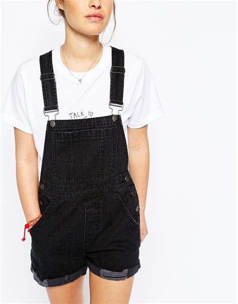 Image Of Asos Petite Denim Dungaree Shorts In Washed Black Denim