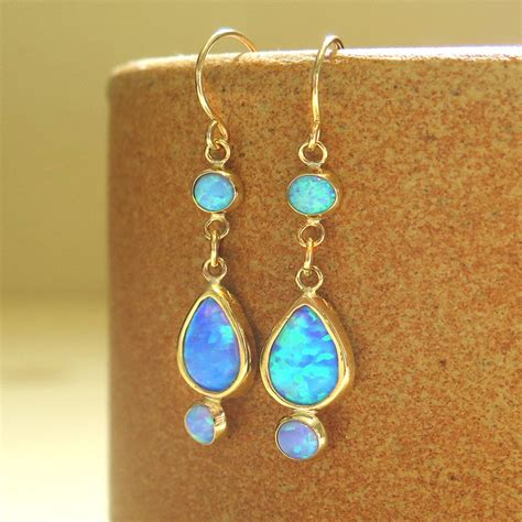 14K Solid Yellow Gold 7X10Mm Blue Opal Teardrop Earrings Drop Etsy