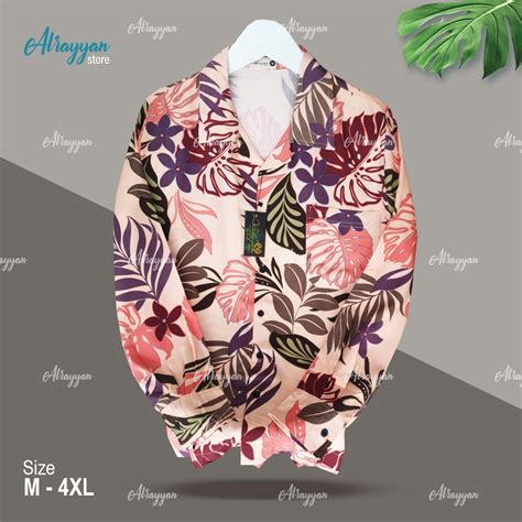 Jual Alrayyan Store Kemeja Hawai Rayon Peach Floral Lengan Panjang