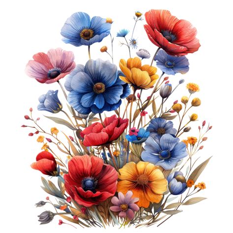 Watercolor Blooming Botanical Flowers Branch And Wildflower Bouquet