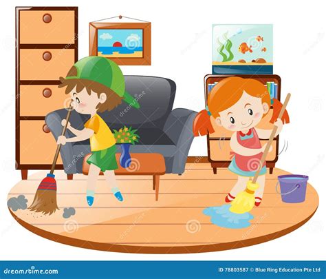 Boy And Girl Cleaning Living Room Cartoon Vector | CartoonDealer.com ...