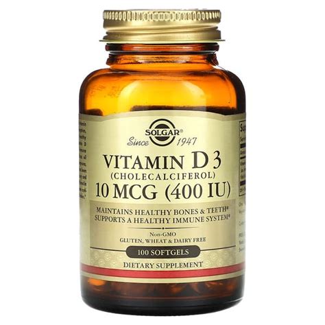 Solgar Vitamin D3 Cholecalciferol 10 Mcg 400 IU 100 Softgels