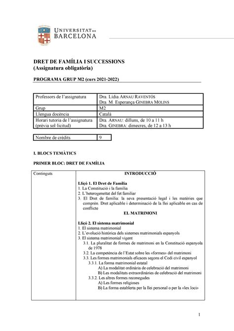 Programa DRET DE Família i Successions 2021 2022 Facultat de Dret