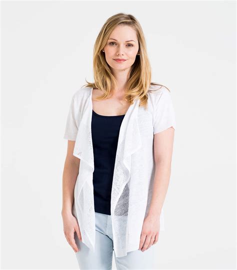 White Womens Lightweight Linen Mix Short Sleeve Waterfall Cardigan