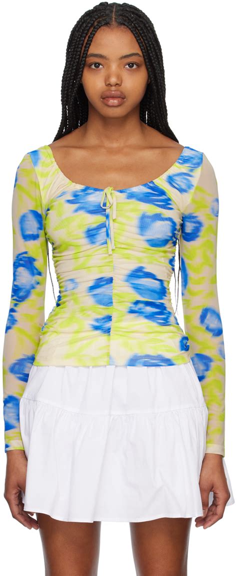 Ganni Green And Blue Printed Long Sleeve Blouse Ssense