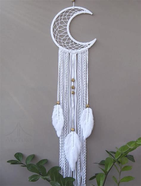 White Moon Dreamcatcher With Handmade Feathers And Golden Beads