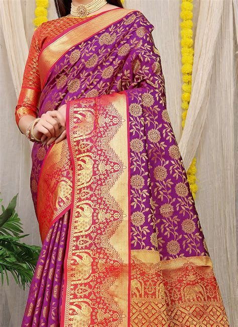 Buy Zari Weaving Purple Color Patola Silk Saree Festive Wear Online At