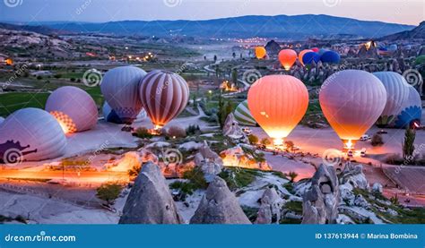 Colorful Hot Air Balloons Before Launch In Goreme National Park