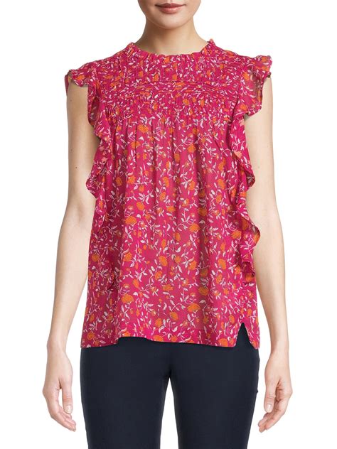 Beach Lunch Lounge Womens Pleated Yoke Top With Ruffle Inset