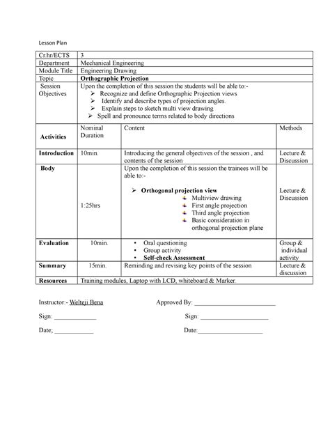 Lesson Plan Lesson Plan Cr Ects Department Mechanical Engineering