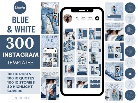 300 Blue Animated Instagram Templates Bundle post/quotes/story Blue & White Business Blogger ...