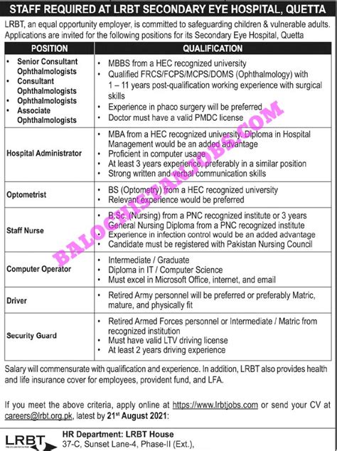 Lrbt Secondary Eye Hospital Quetta Jobs Balochistan Jobs Alert