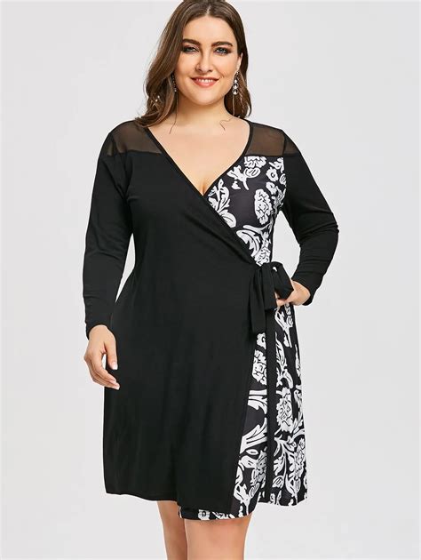 Gamiss Women Casual Party Dresses Plus Size Mesh Panel Floral Print