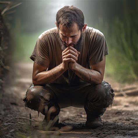 Premium AI Image A Man Kneeling Down In The Forest With His Hands