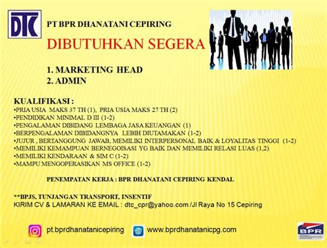 Lowongan Kerja Admin Marketing Head Di Bpr Dhanatani Cepiring