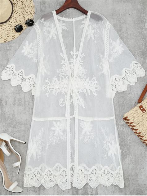 [27 Off] 2021 Sheer Tulle Beach Kimono Cover Up In White Zaful