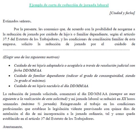 Ejemplo de carta de reducción de jornada laboral