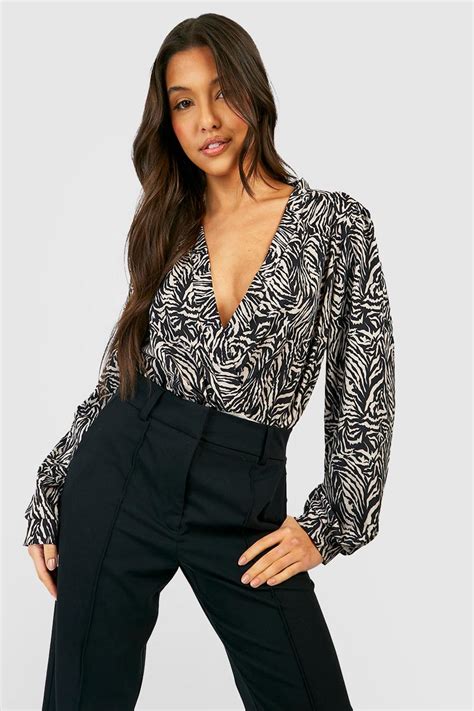 Zebra Print Wrap Bodysuit Boohoo