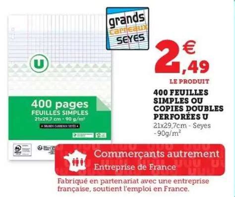 Promo 400 Feuilles Simples Ou Copies Doubles Perforées U chez Hyper U