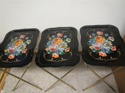 Set Of Standing Metal Tv Trays With Flower Design Metal Etsy