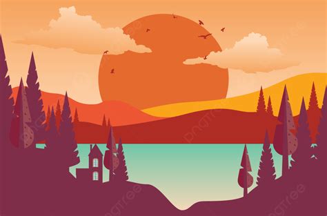 Abstract Sunset Landscape In Simple Retro Style Illustration Background ...