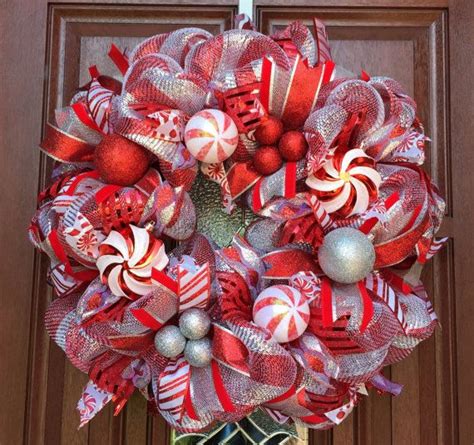 Christmas Wreath Red Silver Deco Mesh Candy Cane Etsy Christmas