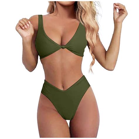 Gzea Swimming Suits For Women Bikini Set Solid V Neck Knot Front Push