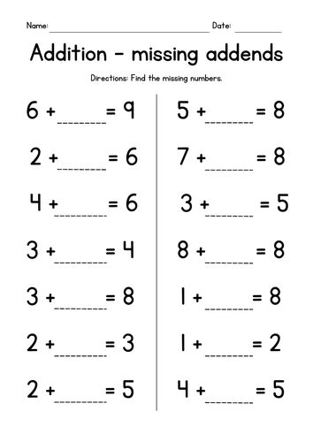 Addition With Missing Addends Sums Up To 10 Teaching Resources