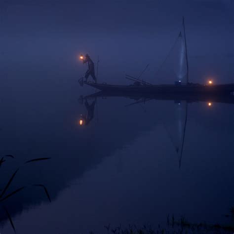 Nw86 River Night Boat Blue Nature Wallpaper