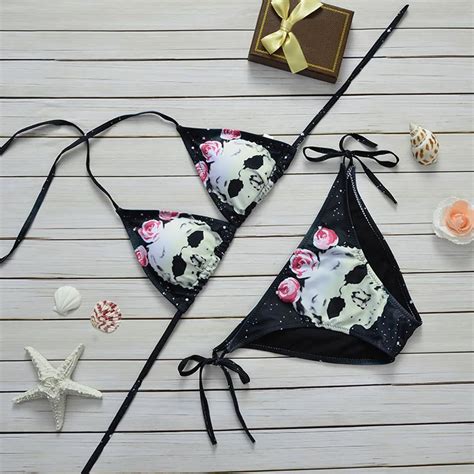 Skeleton Printed Bikini Set Skull Pieces Bandage Strappy Swimwear